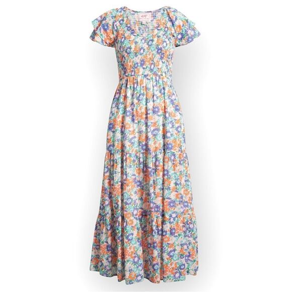 Banjanan Ira Maxi‎ Dress XS Lightweight Cotton Flutter Sleeve Pockets Floral - Picture 1 of 11